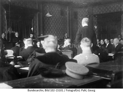 Trial of the failed Putsch in the courthouse of Munich Adolf Hitler (2) and Ludendorff (4)